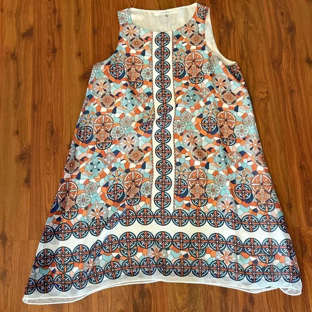 Max studio lovely peach blue white printed trapeze flowy dress m